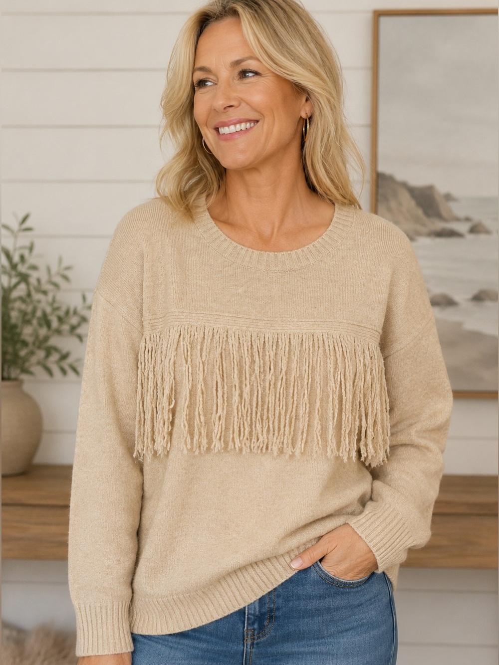 New! Heyson Fringe Knit Sweater Long Sleeves Crew Neck Cream Size Large